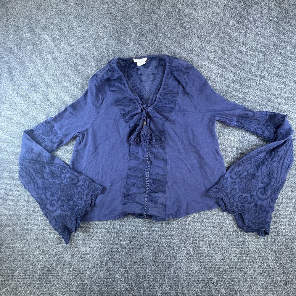 Clover + Scout Blouse Top Womens XS Blue Embroidered Lace Tassel Bell Sleeve